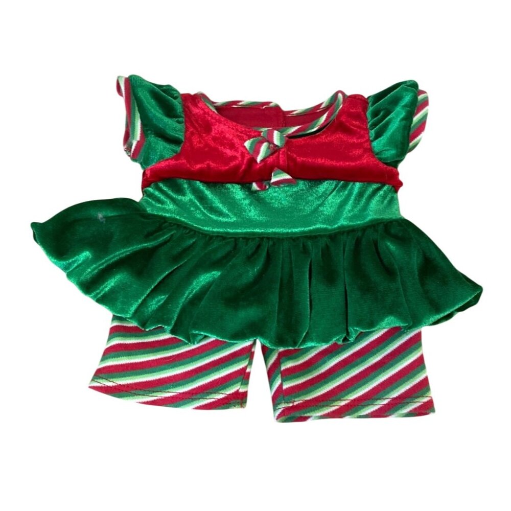 Build a Bear Workshop Holiday Outfit Elf Costume Christmas Green Red Stripped
